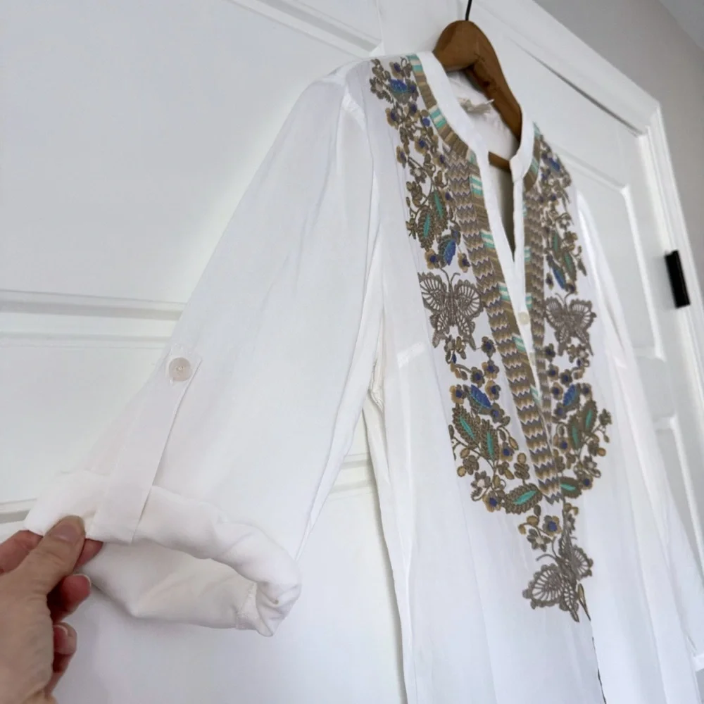 Luna Moon Floral Embroidered Tunic Top M Ivory Boho Sheer Roll Tab Sleeves Swim - Picture 6 of 11